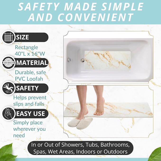 Non Slip Bathtub Mat Shower Mat for Tub - Loofah Bath Mats for Bathroom - 40x16 Bathtub Floor Mat - Textured Anti Slip Bath Mat Without Suction Cups - Secure Mat for Wet Areas (40x16 White Gold)