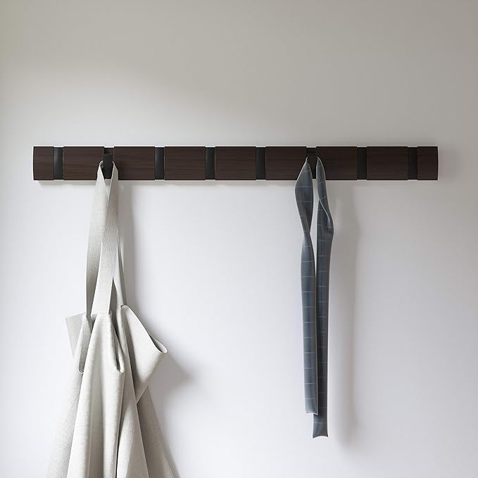 Umbra Flip Wall-Mounted Coat Rack with 8 Hooks – Modern, Space-Saving Storage for Hats, Jackets, Bags, Entryway, Mudroom, Closet, Bathroom, Bedroom – Black/Walnut