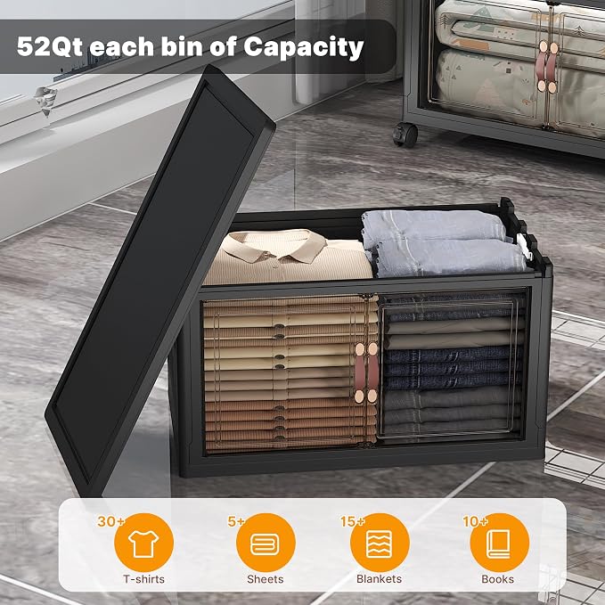 UAMFURI Stackable Storage Bins with Lids, 275QT Closet Organizers and Storage with Doors and Wheels, Extra Large Storage Cabinet, Collapsible Plastic Drawers for Bedroom Office Garage