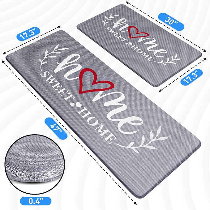HappyTrends Kitchen Mat for Floor, 2PCS Cushioned Anti-Fatigue Kitchen Rugs, Waterproof Non-Slip Standing Mats and Rugs Set for Kitchen, Office, Laundry, Grey, 17.3"×30"+17.3"×47"