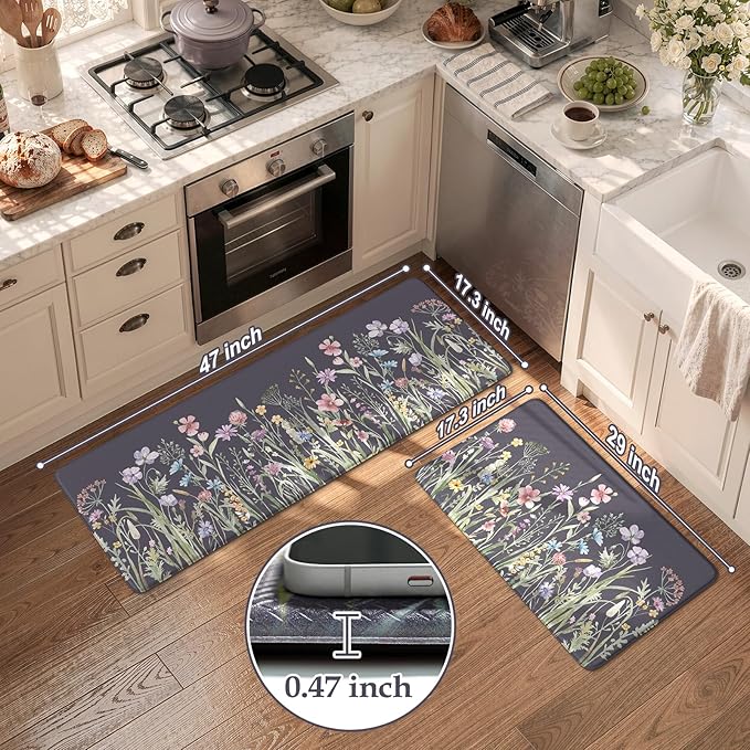 KIMODE Anti Fatigue Kitchen Mat, Farmhouse Floral Kitchen Rugs, Kitchen Floor Mats Non-Slip,Comfort Kitchen Mats for Floor Sink, Laundry, Office, Desk Dark Grey/Purple 17"x47"+17"x29"