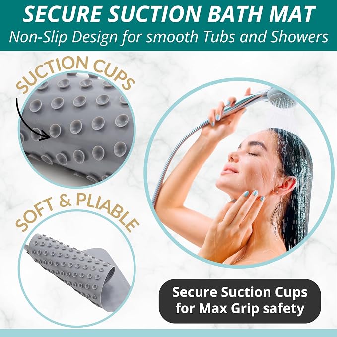 ENKOSI Non Slip Bath Mat for Tub and Shower Floors – Anti Slip Shower Mat with Secure Suction Cup Grip – Soft Grey Bathtub Mat for Inside Bath Tub and Smooth Bathroom Stalls (28x16 Gray)