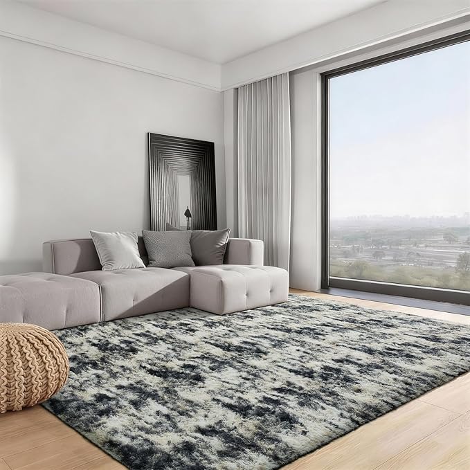 Ophanie 9x12 Black Gold and Grey Area Rugs for Living Room, Large Dark Black Gold Fluffy Shag Fuzzy Plush Soft Carpets, Floor Shaggy Rugs for Bedroom, Carpet for Boys Dorm Nursery Home Decor Aesthetic