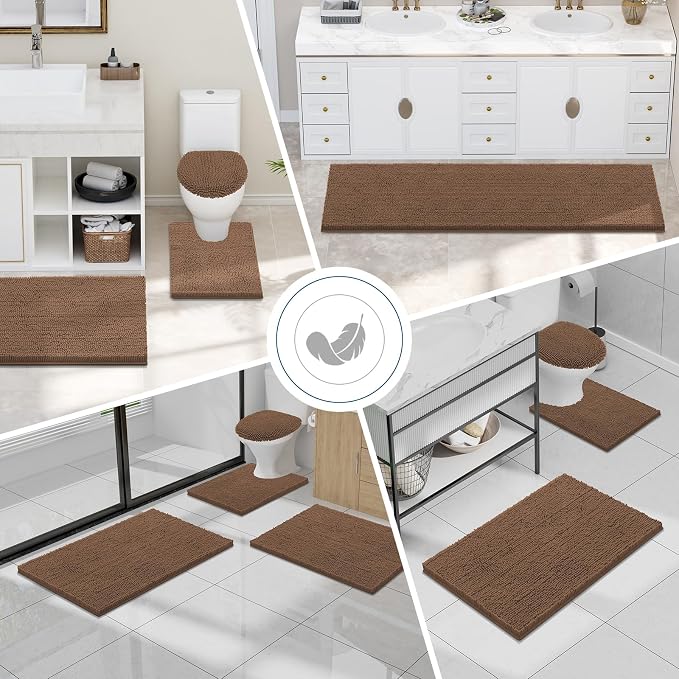 Smiry Luxury Chenille Bathroom Rugs 24x16, Extra Soft and Absorbent Shaggy Bath Mat, Machine Washable, Non-Slip Plush Carpet Runner for Tub, Shower, and Floor, Home Decor Accessories, Mocha