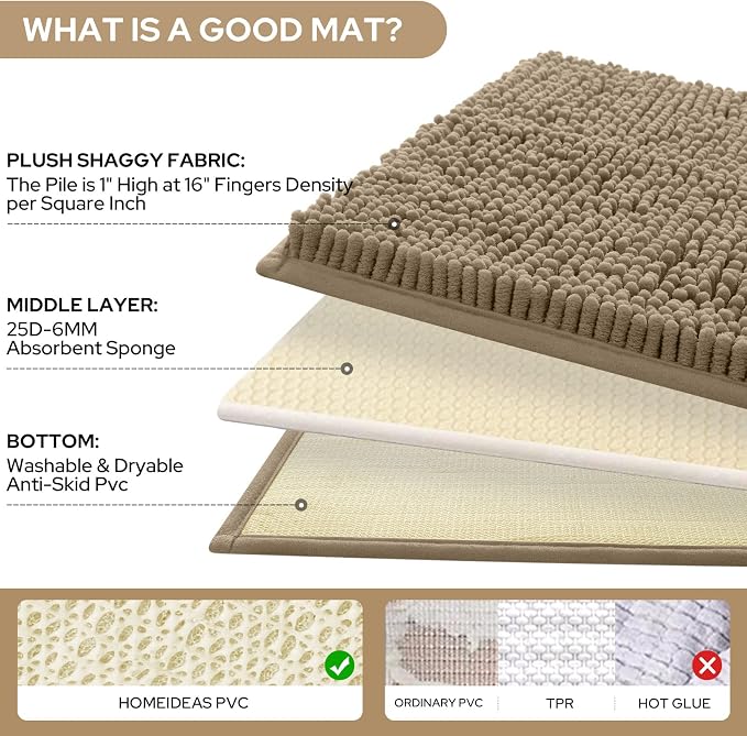 HOMEIDEAS 3 Pieces Bathroom Rugs, Ultra Soft Non Slip Absorbent Chenille Toilet Bath Mat Set (Taupe)