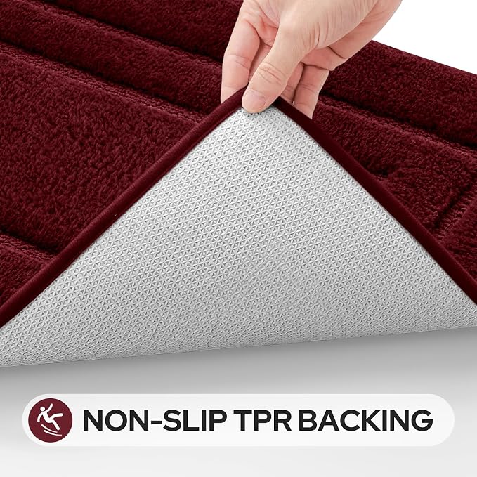 HOMEIDEAS Bathroom Rugs Sets 2 Piece, Super Soft and Absorbent Non Slip Microfiber Machine Washable Bath Mat Set (20" x 47" + 16" x 24", Burgundy Red)