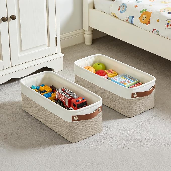 Bagnizer Small Fabric Storage Baskets, 15x6x5 inch Narrow Storage Bins 4-Pack Long Storage Basket for Organizing with Handles, Decorative Basket for Closets, Shelves, Toilet Paper, Beige