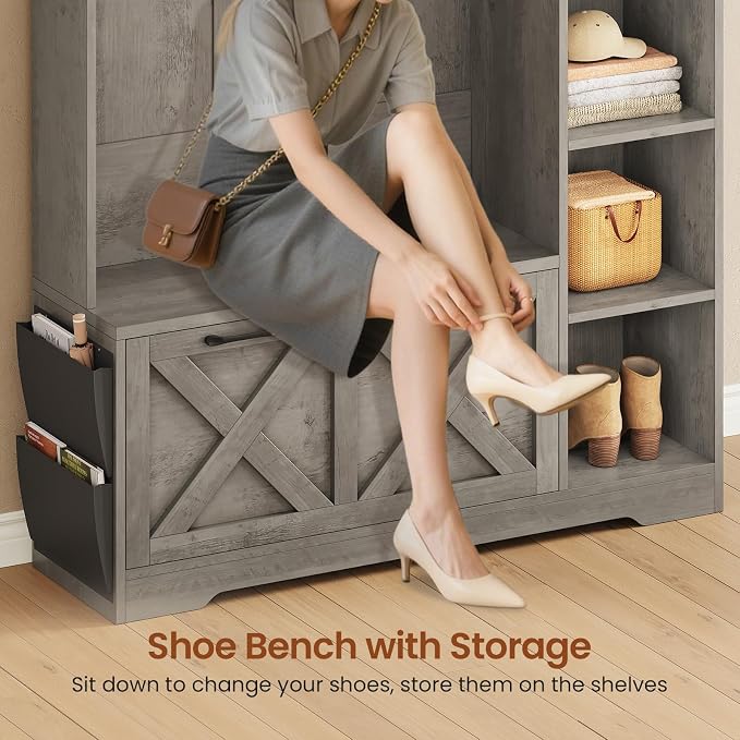 Itaar Hall Tree with Bench and Shoe Storage, Farmhouse Entryway Bench with Coat Rack, Shoe Cabinet with Flip Drawers, 7 Shelves, 10 Coat Hooks, Storage Bag, Led Lights, Grey