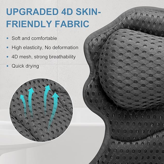 SetSail Bath Pillow, Relaxing Bath Pillows for Tub Neck and Back Support Soft 4D Breathable Air Mesh Ergonomic Bathtub Pillow with 6 Strong Suction Cups and Hook Luxury Bathroom Accessories,Black