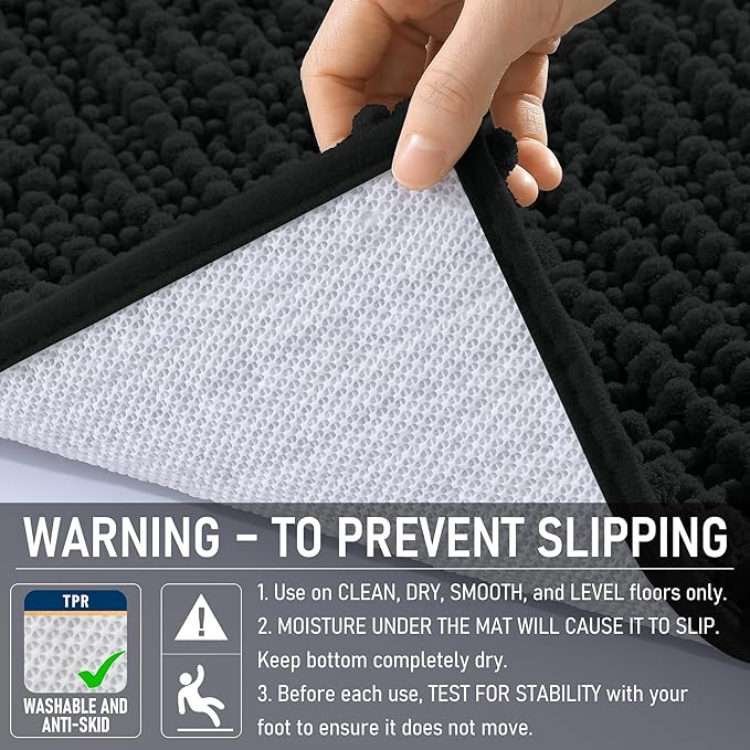 OLANLY Bathroom Rug Mat 44x24, Thick Soft and Absorbent Chenille Bath Mat, Non-Slip Rubber Backing, Machine Washable Quick Dry Bath Rugs for Tub Shower Floor, Home Decor Accessories, Black