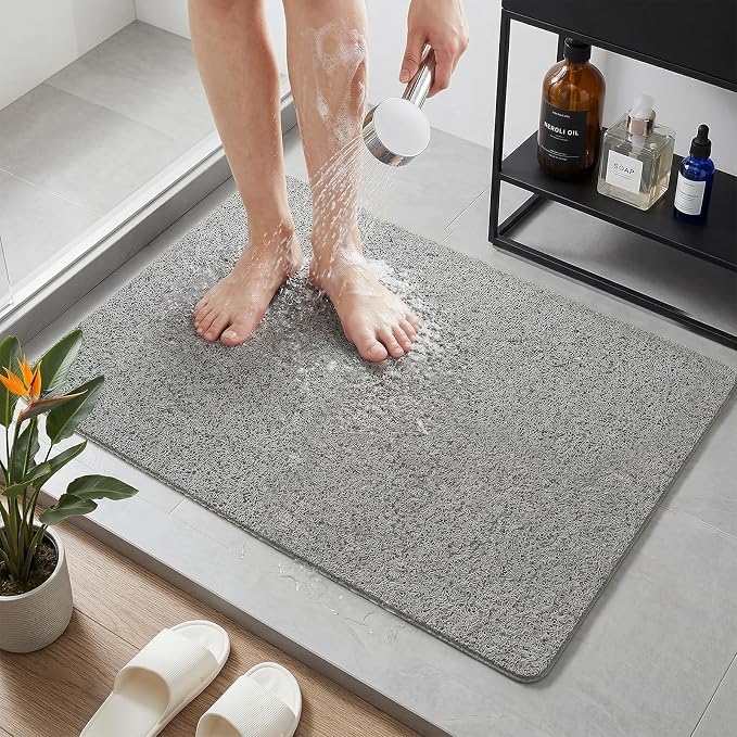 Shower Mat Non Slip, 16 x 24 Inch, Grey Shower Mats for Inside Shower, Soft PVC Loofah Bath Mats for Tub, Quick Drying Easy Cleaning Bathroom Stall Floor Mat Without Suction Cup