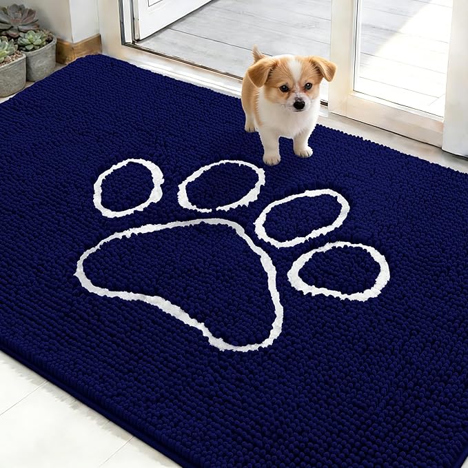 OLANLY Dog Door Mat for Muddy Paws 48x30, Paw Print Design, Absorbs Moisture and Dirt, Absorbent Non-Slip Washable Doormat, Quick Dry Chenille Mud Mat for Dogs, Entry Indoor Entryway Carpet, Navy Blue