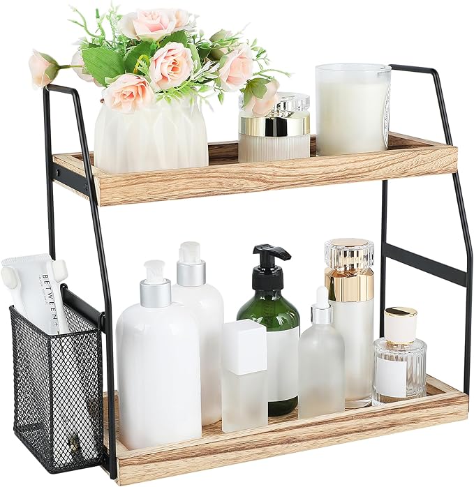 Bathroom Counter Organizer, 2-Tier Standing Storage Shelf with Basket, Wood Tray for Skincare Vanity Organizer