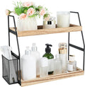 Bathroom Counter Organizer, 2-Tier Standing Storage Shelf with Basket, Wood Tray for Skincare Vanity Organizer