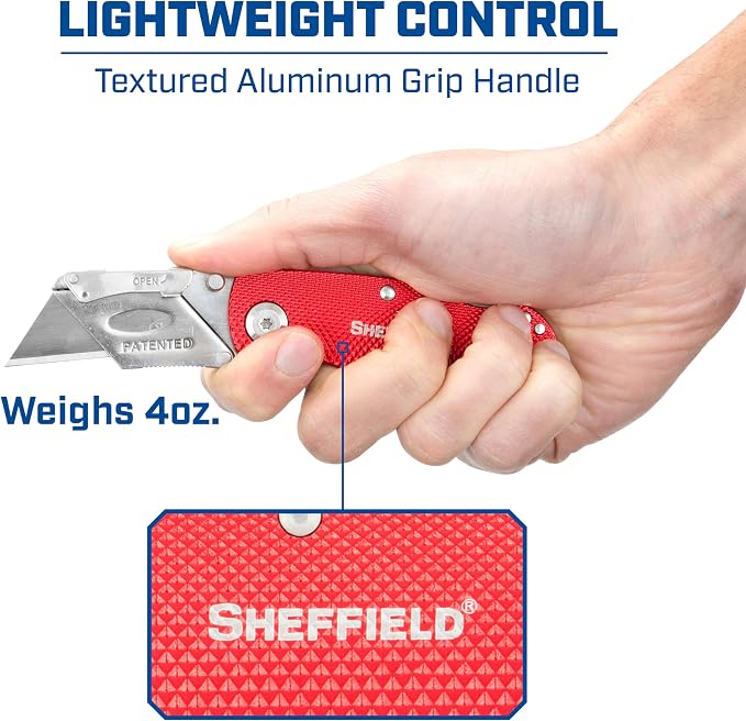 Sheffield Folding Utility Knife, Accepts Standard Utility Knife Blades, Box Cutter Aluminum Handle, Razor Blades Included, For Home, Office, Trades, and Warehouse