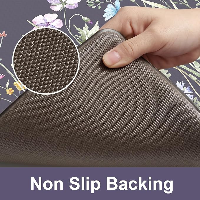 KIMODE Anti Fatigue Kitchen Mat for Floor, 17"x59"+17"x29" Floral Kitchen Rugs Sets of 2, Kitchen Floor Mats Non-Slip, Cushioned Standing Desk mat for Sink, Laundry, Office Dark Grey/Purple