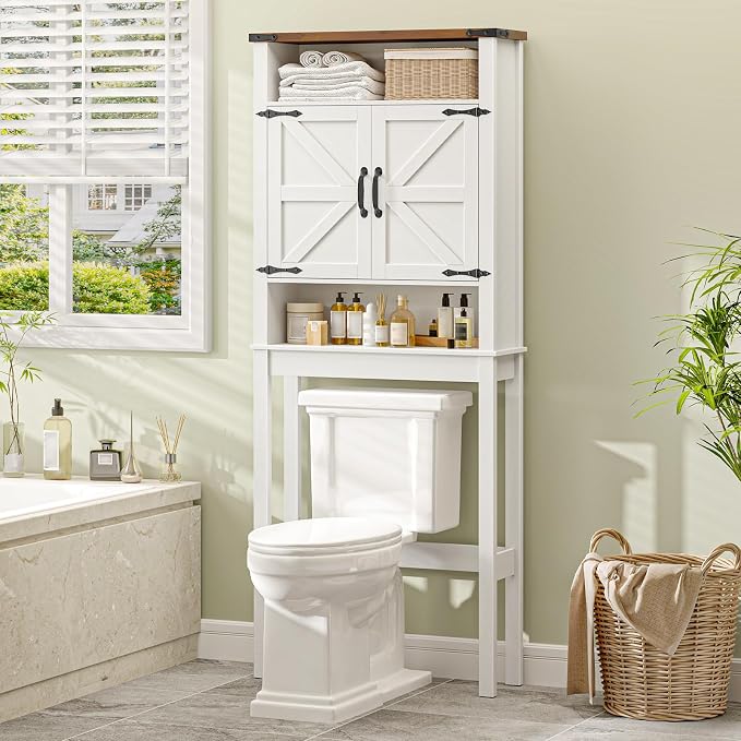 Halitaa Over The Toilet Storage Cabinet, Farmhouse Over Toilet Bathroom Organizer with 2 Barn Doors, Narrow Above Toilet Storage Cabinet, Behind Toilet Bathroom Organizer, White and Brown