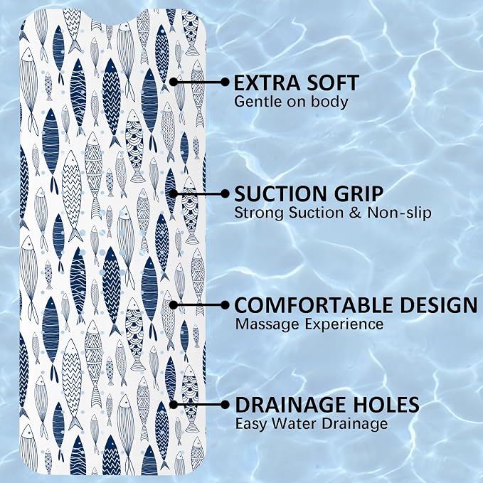 Fish Bathtub Mat Non Slip, Boho Baby Bath Mat for Tub Rubber Tub Mat, Cute Kids Bath Mats for Bathroom Ocean Anti Slip Shower Mat with Suction and Drain Holes Machine Washable, 40″X16″