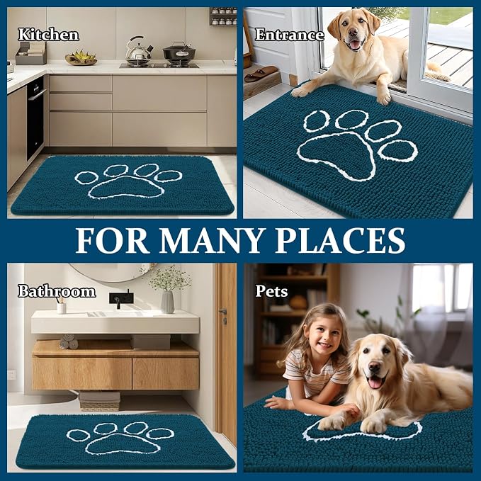 OLANLY Dog Door Mat for Muddy Paws 54x24, Paw Print Design, Absorbs Moisture and Dirt, Absorbent Non-Slip Washable Doormat, Quick Dry Chenille Mud Mat, Entry Indoor Entryway Carpet, Atlantic Blue