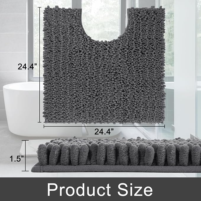 Yimobra Toilet Rug U Shaped Washable 24x24 Inch - Ultra Soft Absorbent Chenille Bath Rugs for Toilet, Quick Dry & Machine Washable, Non Slip Contour Bathroom Mat, Dark Gray