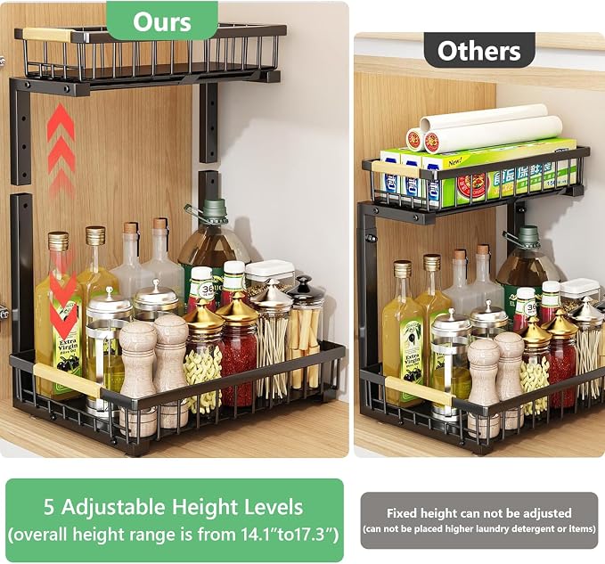 Merrylun Under Sink Organizers,5 Adjustable Height，Metal Pull Out Under Sink Organizers and Storage Shelves with Sliding Drawer, Black, 2 Pack（Hight 13.6″-16.9″）