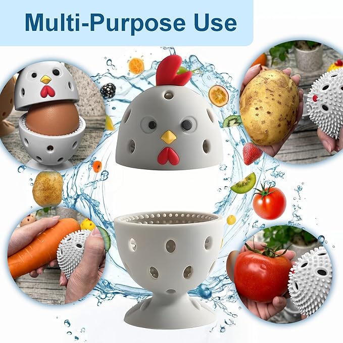 Egg Washer for Fresh Eggs, Egg Scrubber for Fresh Eggs, 2 Reusable Silicone Chicken Shaped Scrubs, Chicken Egg Cleaner, Eggshell Cleaner for Poultry Farm, Housewife Tools Vegetable Processing (Gray)