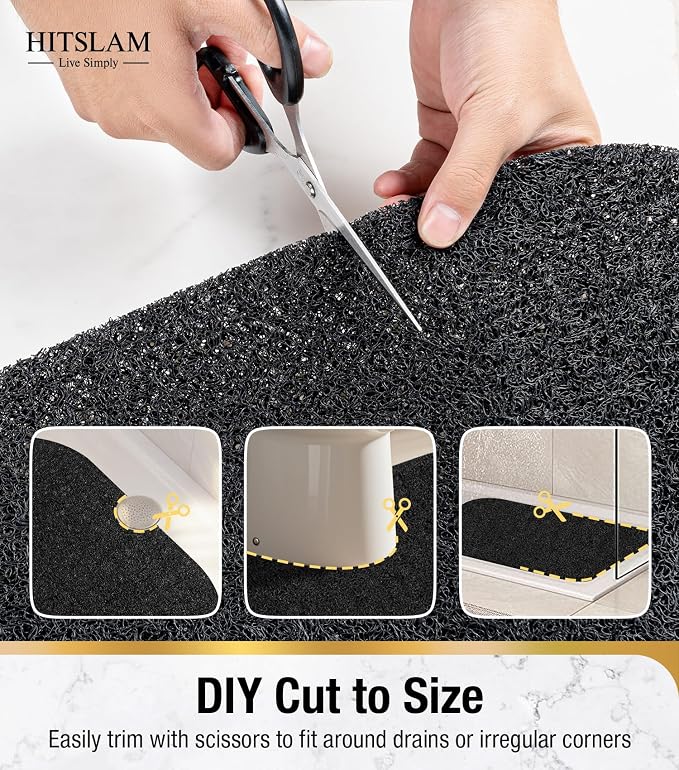 HITSLAM Oval Loofah Shower Mat Non Slip, 27x16 Inch Bath Mat for Textured Tub & Inside Shower Stall, No Suction Cups Quick Drying PVC Porous Floor Mat, Soft Foot Exfoliating Bathtub Mat, Black