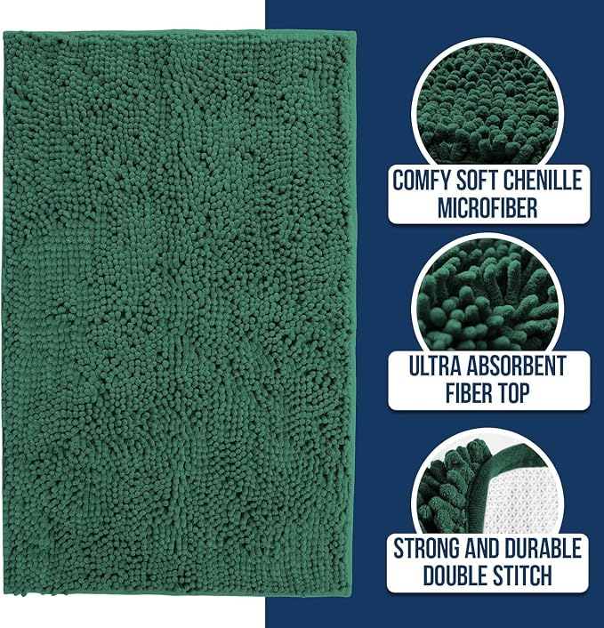 Muddy Mat® | Chenille Bathroom Rugs Quick Dry Microfiber Mats Non Slip Washable, Extra Thick, Soft and Highly Absorbent Bath Mats for Bathroom, Kitchen, and Shower Floor - Dark Green 36"x60"