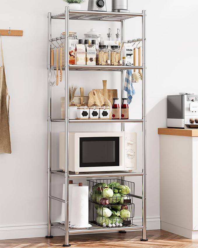 Sakugi Storage Shelves - 5-Tier Large Capacity Shelf Organizer with Hooks, Heavy-Duty Garage Shelving with Leveling Feet, Wobble-Free Rack for Bedroom, Balcony, Garage, 18.1"×12.4"×56.8", Silver