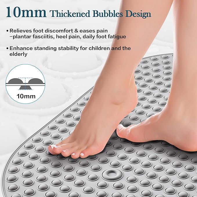 Non Slip Shower Mat 27x15 - Small Oval Bath Mat for Inside Tub, Silicone Bubble Pop It Bathroom Floor Mat with Strong Suction Cups, Quick Dry, Anti Slip Bathtub Mat for Shower, Grey