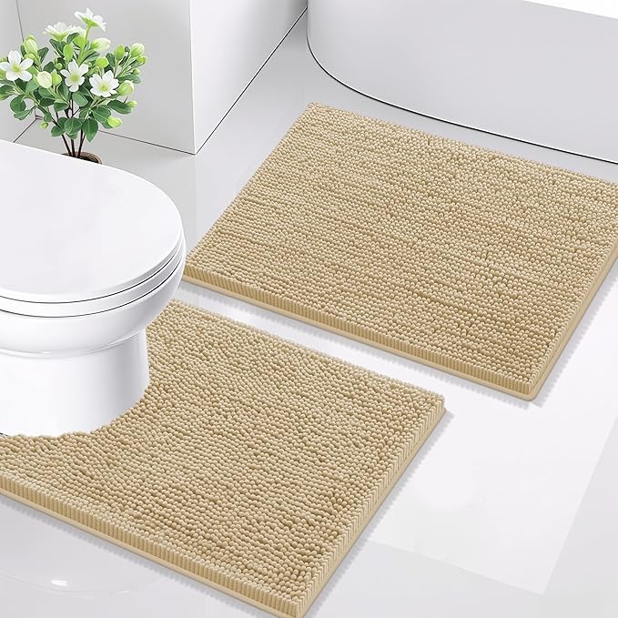Smiry Bathroom Rugs Set 2 Piece, Soft Absorbent Chenille Bath Mat and U-Shaped Toilet Rug Set, Non Slip Shaggy Bath Carpet for Tub, Shower and Floor (24x16+24x20, Beige)