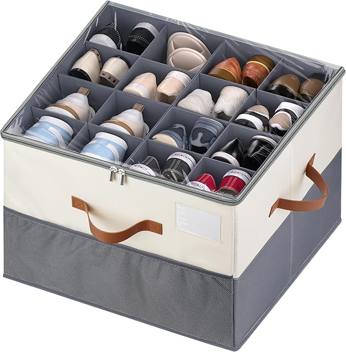 Shoe Organizer for Closet, 1 Pack Shoe Storage Container with Adjustable Dividers, Space Saving Shoe Box Storage Organizer Bin with Clear Lid and 4 Handles, Fits 8-16 Pairs, Beige & Grey