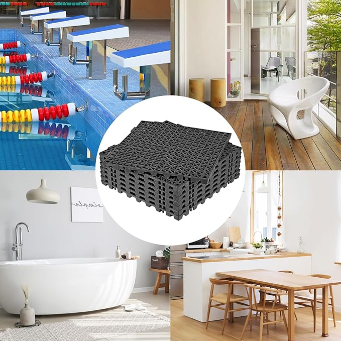 ToLanbbt Modular Interlocking Cushion 8P 11.8" x 11.8" Interlocking Rubber Floor Drain Holes Non-Slip Splicing Drainage Mats for Deck, Shower, Kitchen, Drain Pool, Sauna Bath, Indoor Outdoor (Black)