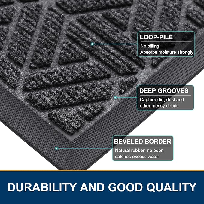 Smiry Front Door Mat Outside Entrance, Heavy Duty Sturdy Natural Rubber Doormat, Trap Dirt and Moisture, Easy Clean Low Profile Mats for Indoor Outdoor Entry, Grid Geometric (59x23, Grey)