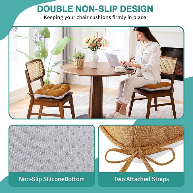 BETU Chair Cushions for Dining Chairs Set of 4,Thick Kitchen Table Chair Pads with Ties,Non Slip Backing and Covers, Seat Cushion for Dining Room,Bar,Patio Chairs,15.5"X15.5"X3.5"