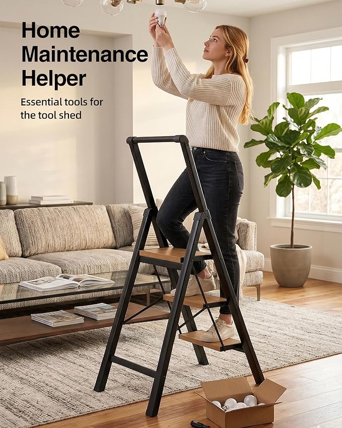 3 Step Ladder,Folding Step Stool with Aluminum Wide Pedal& Convenient Handgrip,330lbs Capacity Steel Ladder for Household and Office(Black &Woodgrain)