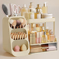 HBlife Bathroom Organizers and Storage with Brush Holder for Vanity, 3 Tier Plastic Makeup Organizer for Dresser Counter, Skincare, Lipstick, Perfume, and Cosmetic Storage, Beige