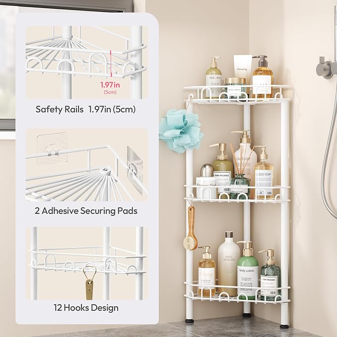 SWTYMIKI Standing Shower Caddy Corner - 3‑Tier Stainless Steel Shower Organizer Shelf with 12 Hooks and Adhesive Pads, Rustproof Corner Shelves Stand Rack for Bathroom Shower Room, white