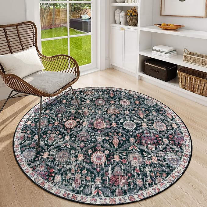 Lahome Moroccan Trellis Round Area Rugs, Washable Small Round Rug 3ft Non-Slip, Soft Vintage Ultra-Thin Circle Carpet for Bedroom Entryway Kitchen Laundry Bathroom Elise, Black/Multi
