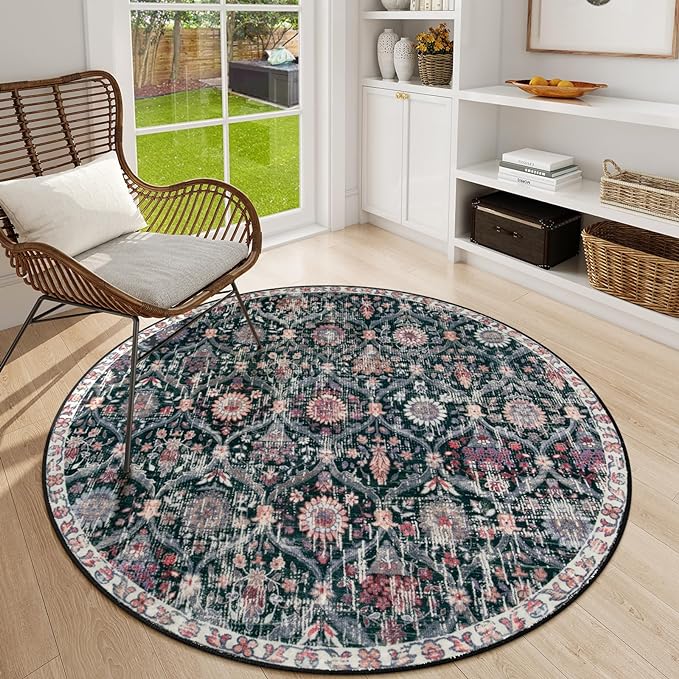 Lahome Moroccan Trellis Washable Round Rugs, Non-Slip Soft Round Rug 4ft Ultra-Thin, Small Vintage Circle Carpet for Entryway Kitchen Bedroom Nursery Bathroom Elise, Black/Multi