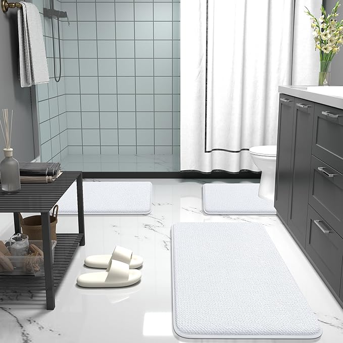 OLANLY Thick Memory Foam Bathroom Runner Rugs 47x24, Extra Soft Absorbent Long Bath Rug, Quick Dry Bath Mats, Non-Slip, Machine Washable Mat for Bathroom, Tub and Shower, Home Decor Accessories, White