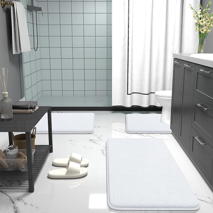 OLANLY Thick Memory Foam Bathroom Runner Rugs 47x20, Extra Soft Absorbent Long Bath Rug, Quick Dry Bath Mats, Non-Slip, Machine Washable Mat for Bathroom, Tub and Shower, Home Decor Accessories, White