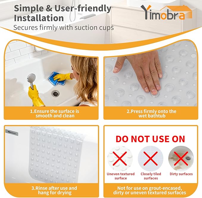 Yimobra 2-Pack Non Slip Bathtub Mat 40 x 16 Inch, Extra Long Shower Mat with Drain Holes, Machine Washable Baby Bath Mats, Strong Suction Cups for Bathroom Floor, Clear