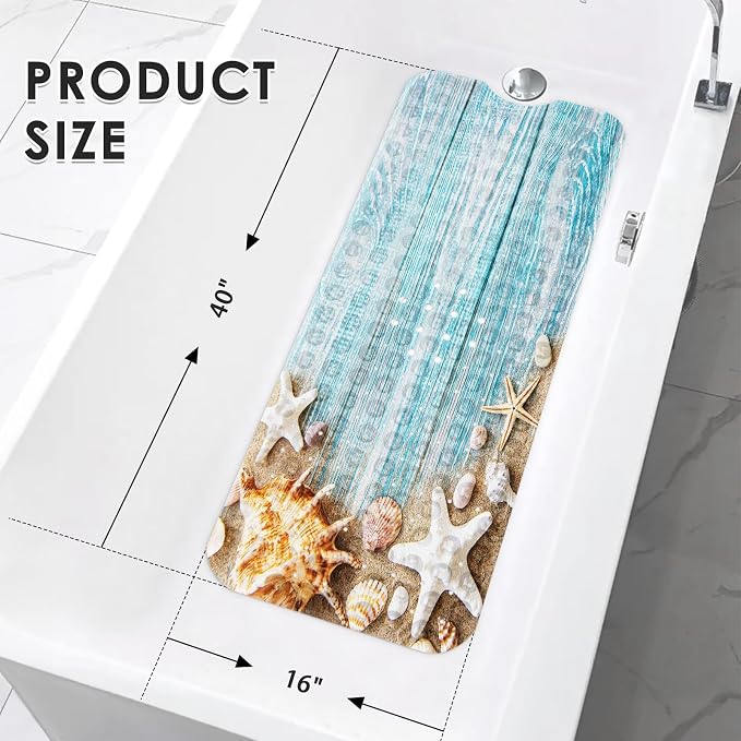 Seashells Summer Bath Mat Non Slip, Space Beach Wood 40 X 16 Inch Extra Long Bathtub Shower Mat for Tub Anti Slip with Suction Cups and Drain Holes for Kids Adults Elderly