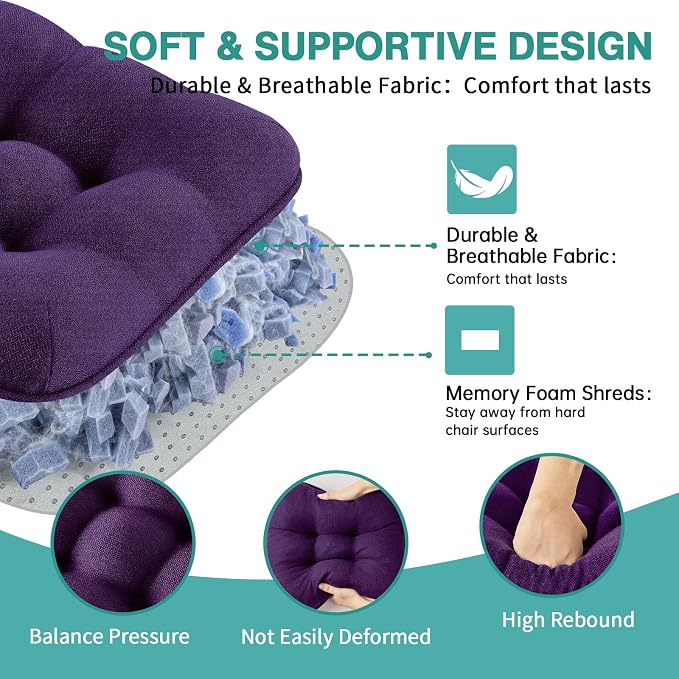 BETU Chair Cushions for Dining Chairs Set of 6,3.5" Thick Kitchen Table Chair Pads with Ties,Non Slip Backing and Covers, Seat Cushion for Dining Room,Bar,Patio Chairs,15.5"X15.5"X3.5",Dark Purple