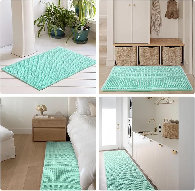 TYUU Waffle Bath Mat, Boho Bathroom Rugs Non Slip Washable Super Absorbent Quick Dry Cute Bath Mat Farmhouse Bathroom Decor, 36"x24" Aqua Blue