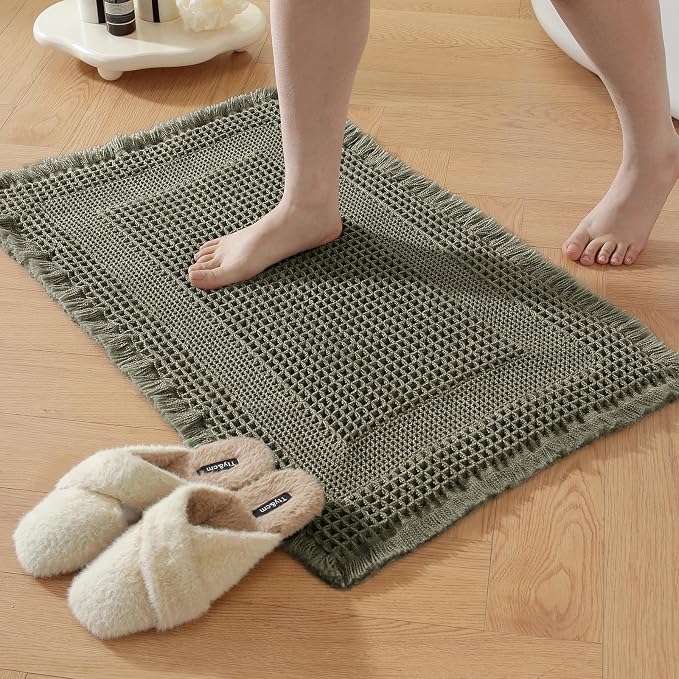 Waffle Bath Mat - Non Slip Bathroom Rugs - Washable Super Absorbent & Quick Dry Bath Mats with Tassels for Hallway Bedroom Laundry Room,24" x 72",Olive Green