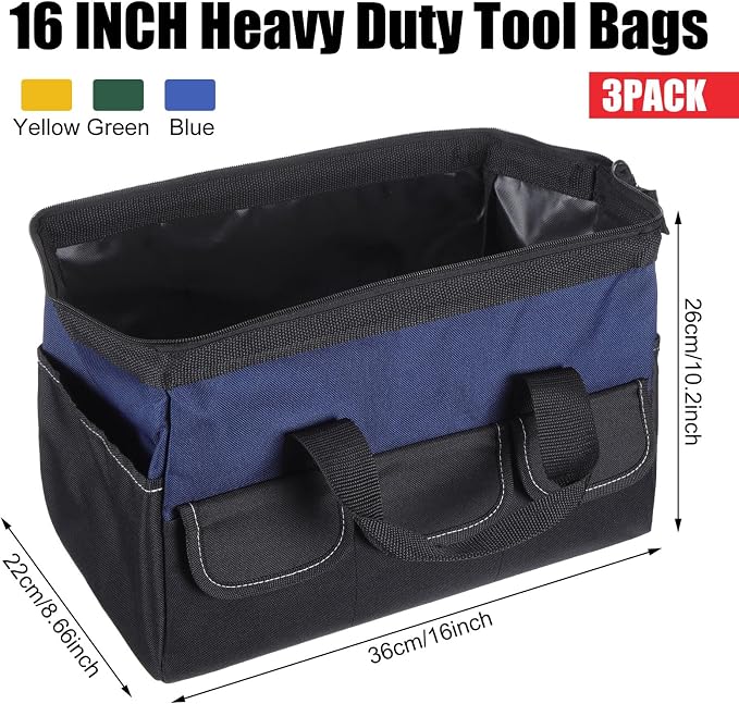 Sanwuta 3 Pack Tool Bag for Men with Waterproof Hard Bottom, Heavy Duty Tool Bag Wide Mouth Tote for Various Instrument, Electrician Carpenter Mechanic(Blue, Army Green, Yellow,16 Inch,Side Pockets)