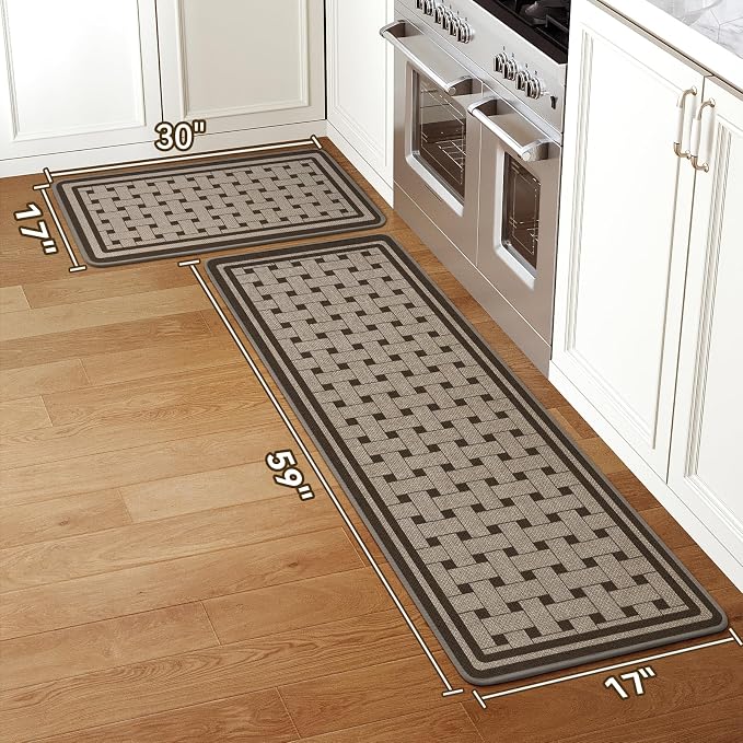 Kitchen Mats for Floor, 17''x30''+17''x59''Kitchen Rugs Set of 2, Washable Absorbent Non Slip Kitchen Mat, Braided Kitchen Runner Rug, Kitchen Sink Rug, Brown