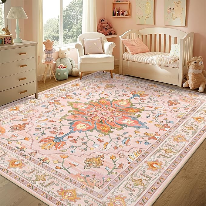 RELEANY Area Rugs 8'x10' Washable Non-Slip, Floral Vintage Distress Medallion Carpet for Living Room Bedroom Dining Room, Light Pink Colorful